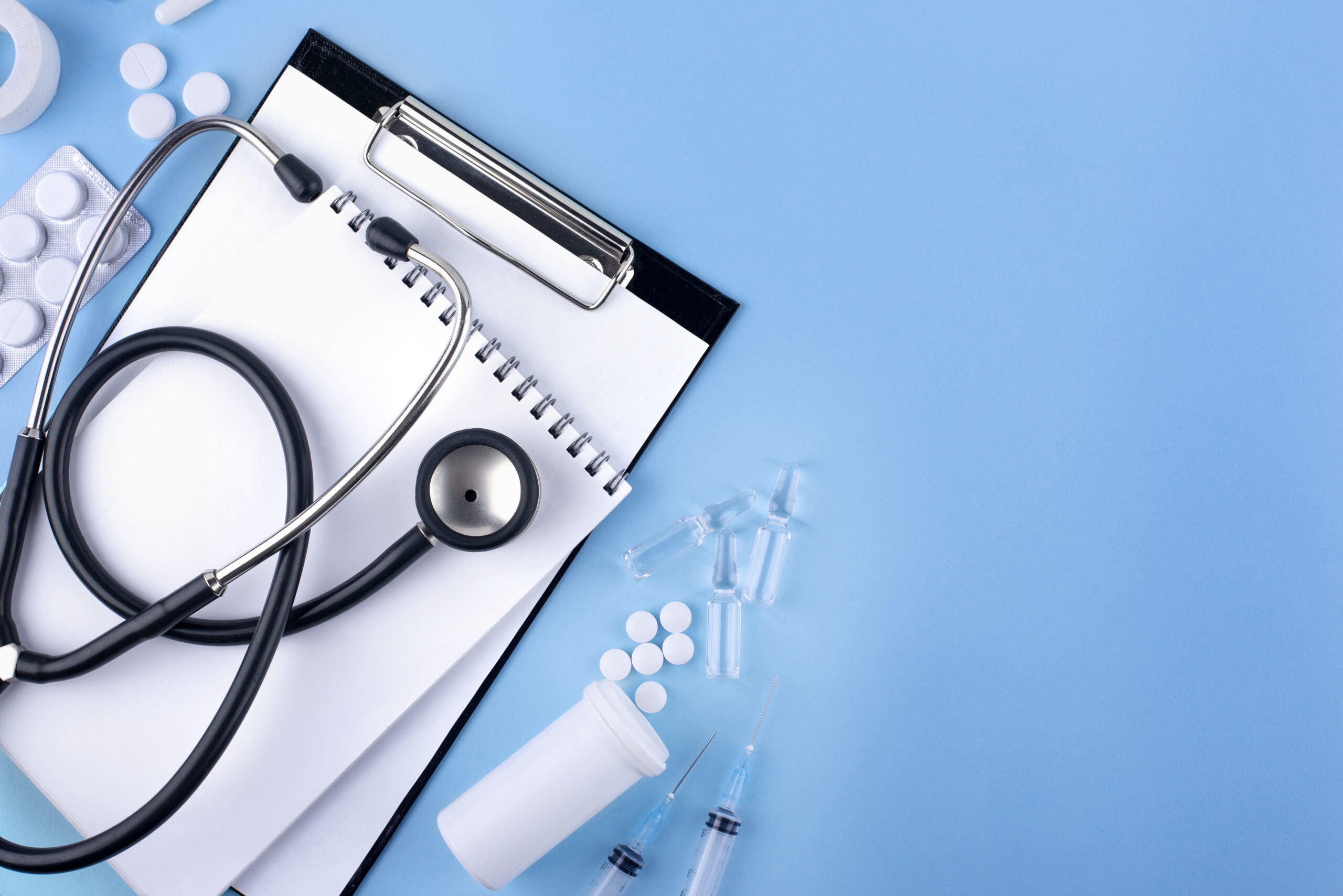 Medical check documentation and clipboard